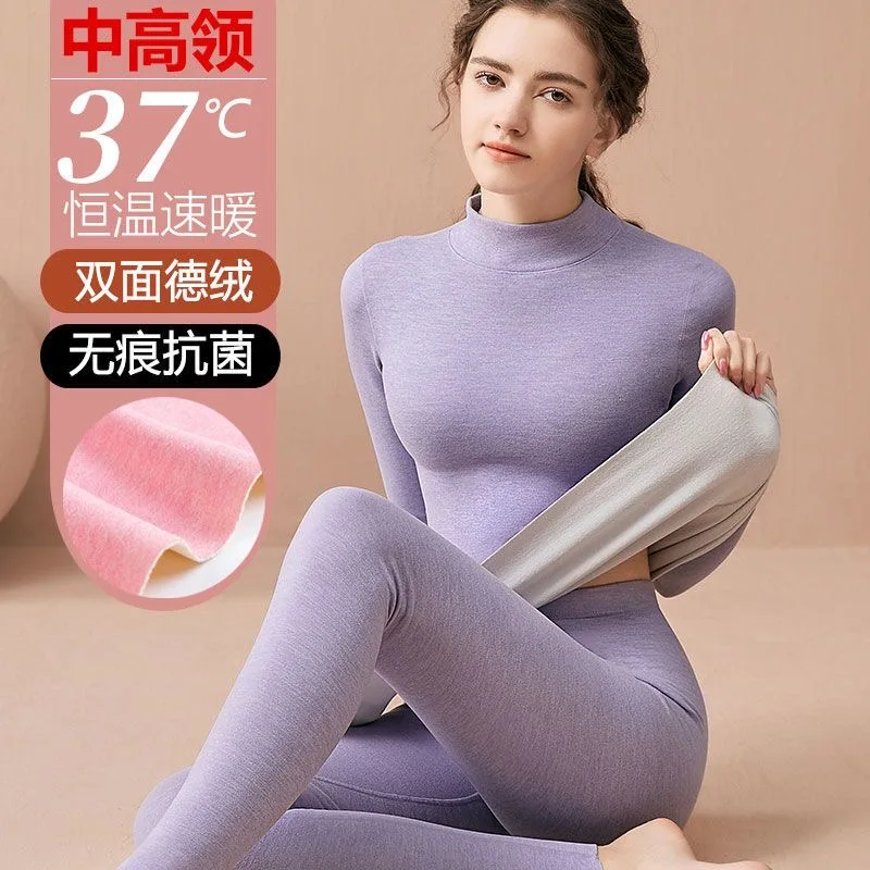 Women Thermal Underwear Sets Winter Two Pieces Fleece Cotton Tops Set Underpanties
