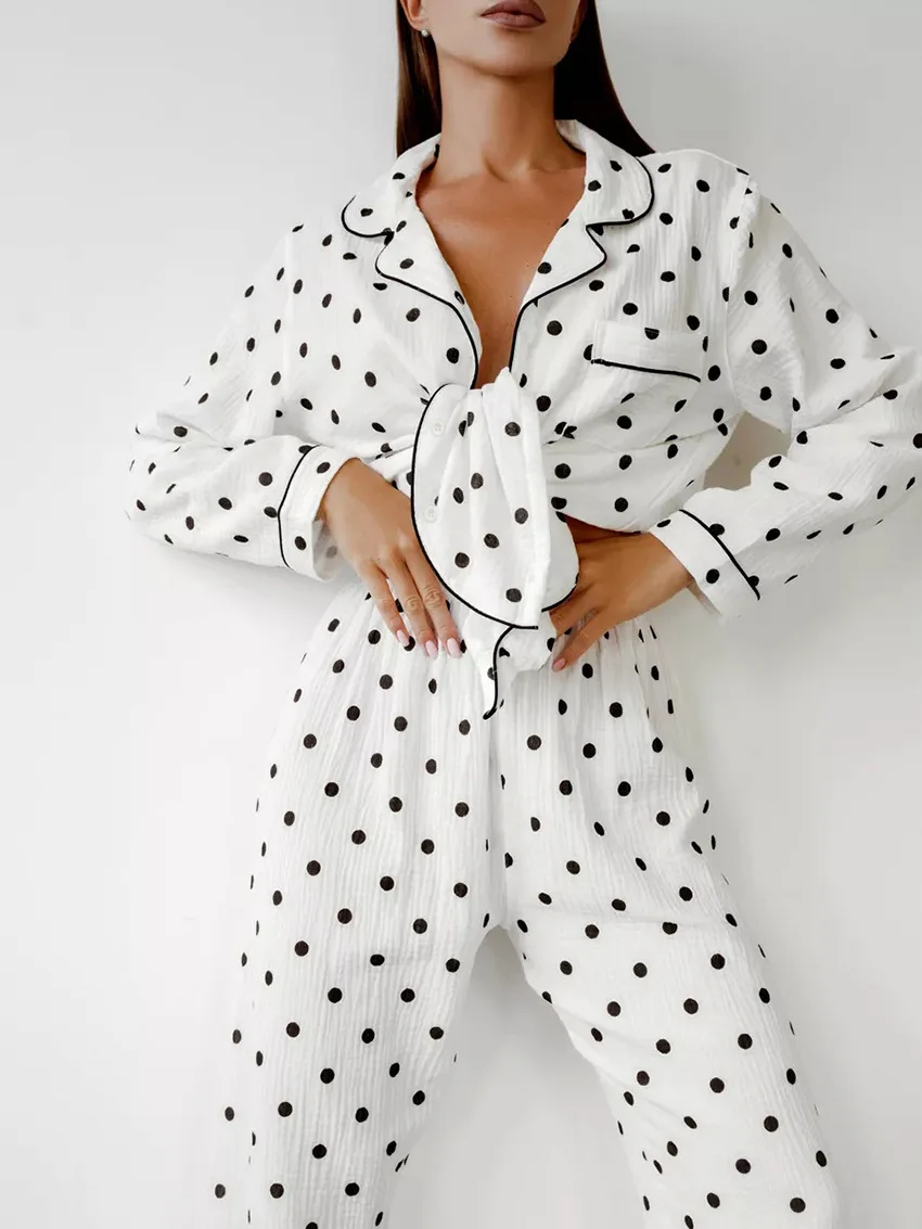 Marthaqiqi Polka Dots Ladies Pajamas Suit Sexy Turn-Down Collar Sleepwear Long Sleeve Nightwear Pants Female Nightie 2 Piece Set