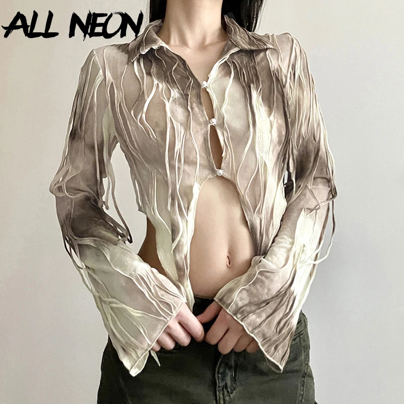 

ALLNeon Fairy Grunge Lapel Collar Button Cardigan Shirts Women Autumn Fashion Irregular Crop Tops Harajuku Slim T-Shirts Y2K New