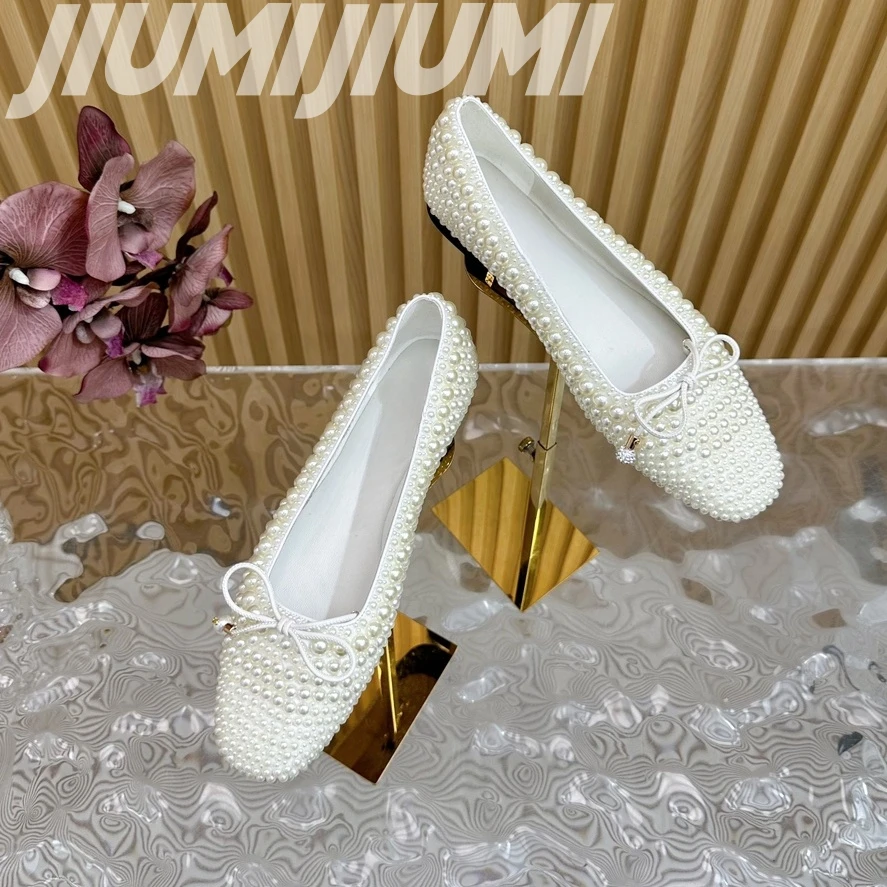 Luxury Brand String Bead Flat With Ballet Flats Shallow Pearl Almond Shaped Toes Zapatos Mujer Silk Butterfly Knot Woman Flats 3