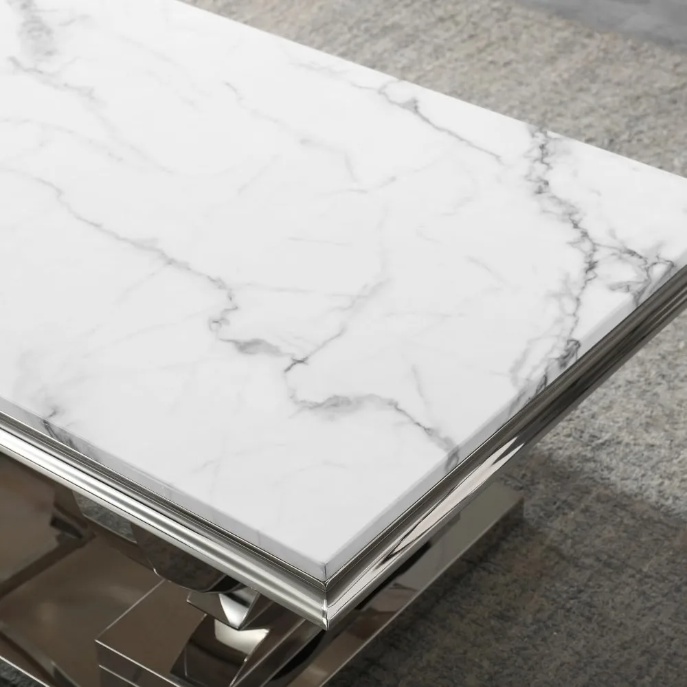 Modern Marble Coffee Table,Rectangular White and Silver with U-Shape Stainless Steel Base with Silver Mirrored Finish LivingRoom 6