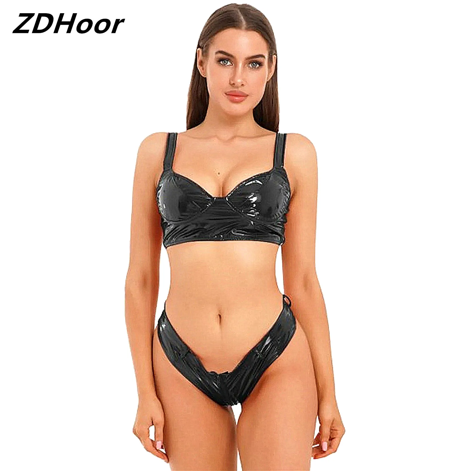 

Womens Wet Look Patent Leather Lingerie Set Sexy Wireless Bra Crop Tops Camisole Zipper Open Crotch Booty Shorts Briefs Clubwear