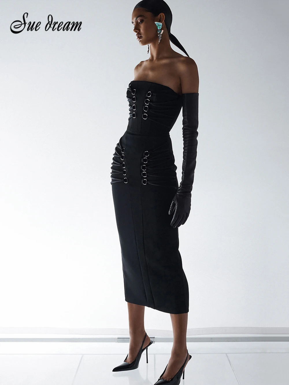 

2024 Spring New Women's Black Sexy Strapless Midi Dress Bodycon Celebrity Party Cocktail Evening Dress