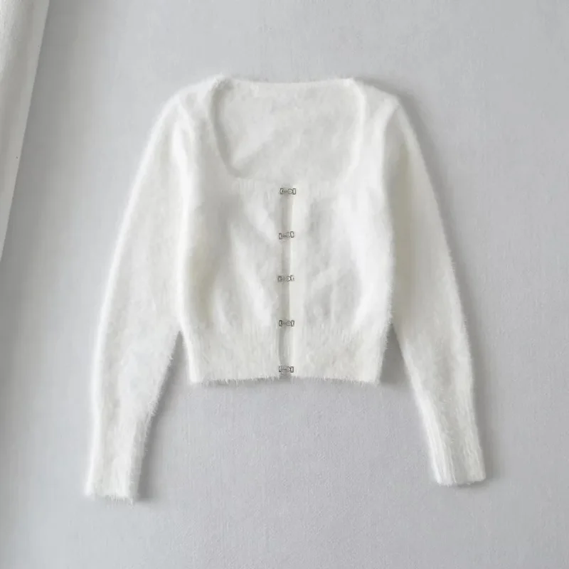 Women Cropped Fluffy Knit Cardigan Top With Square Neck And Hook Eye Front Detail