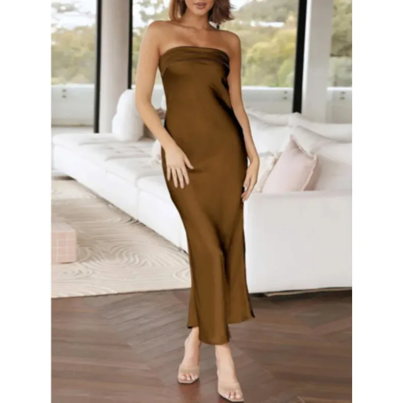 Trendio Women's Satin Sexy Open Back Hollow Formal Wedding Party Long Dress Prom Banquet Elegant Dresses Sexy Slim Noble Dress