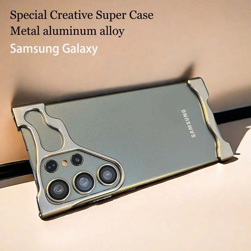Luxury Irregular Aluminum Alloy Bumper Cellphone Case For Samsung S23 S24 Ultra Full Lens Film Protection Metal Shockproof Cover