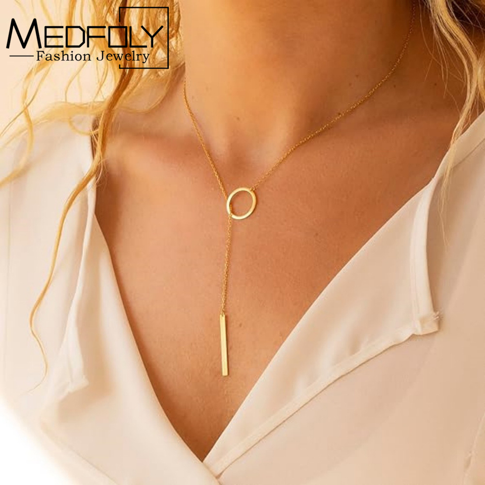 MEDFOLY Lariat Necklace for Women Dainty 14k Gold Plated Simple Sweater O-Chain Pendant Y Necklace Fashion Summer Jewelry Gifts