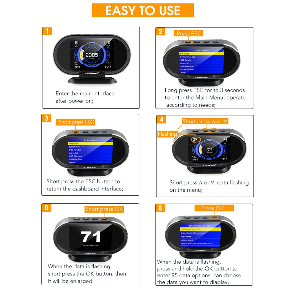 KONNWEI KW206 Car OBD2 Scanner HUD Head Up Display Car On-Board Computer Auto Digital Fuel Consumption Water Temperature Gauge