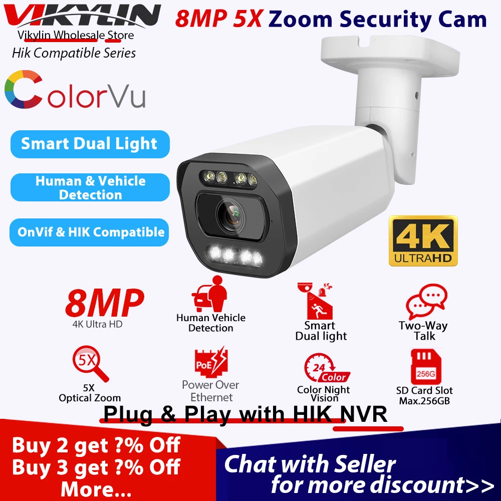 

Vikylin 5X Zoom Bullet Security IP Camera 8MP Color Night for Hikvision Compatible POE Cam Two Way Audio SD Human Vehicle Detect