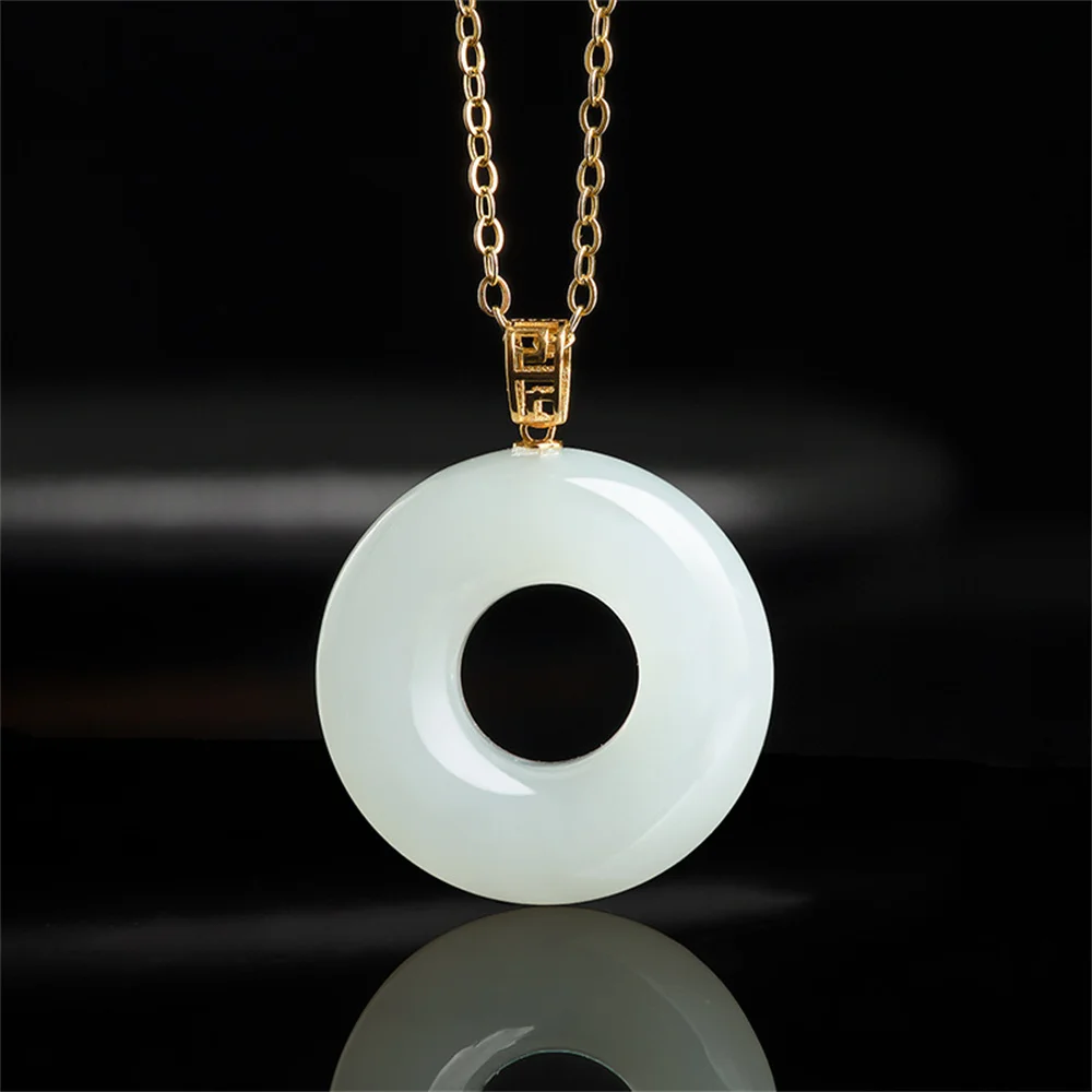 

18K Gold Natural White HeTian Jade Simple Round Harmony Lucky Pendant Amulet Necklace Certificate Luxury Jade Charming Jewelry