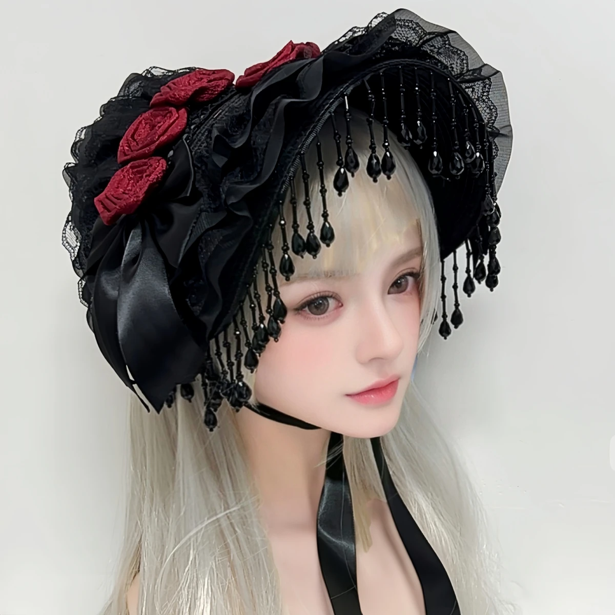 Lolita Gothic Hut japanische süße Mädchen vielseitige schwarze Perle Quaste Spitze Schleife Feder Foto Zubehör – Detail 2