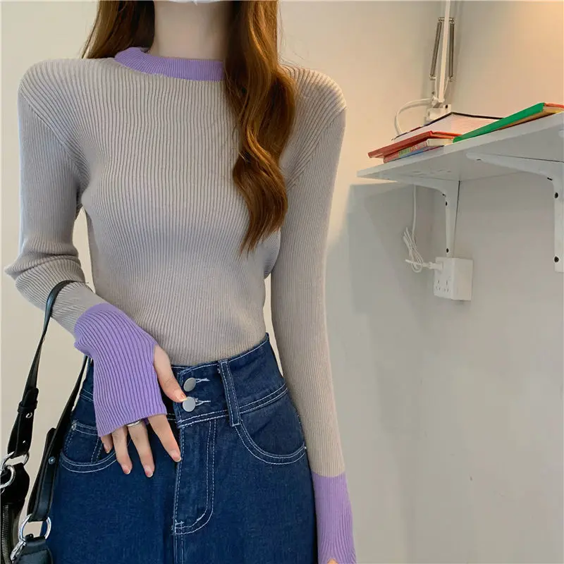 Rimocy Fashion Mixed Color Knitted Sweater Women 2022 Patchwork Round Neck Slim Fit Pullover Woman High Elastic Ladies Jumper yellow sweater Sweaters