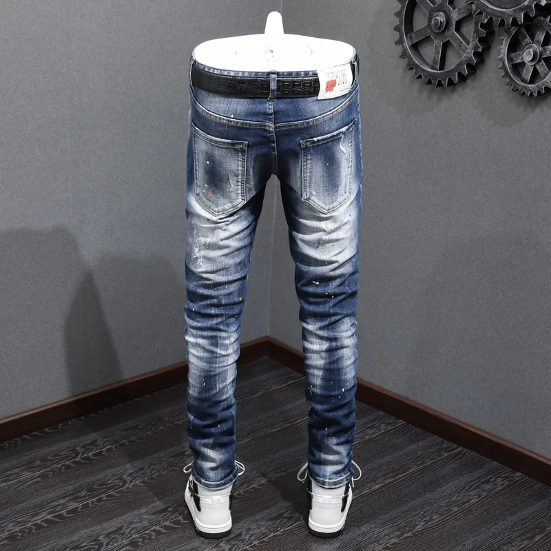 Fashion Streetwear Men Jeans Retro Blue Elastic Stretch Skinny Ripped Jeans Men Vintage Designer Trousers Painted Hip Hop Pants