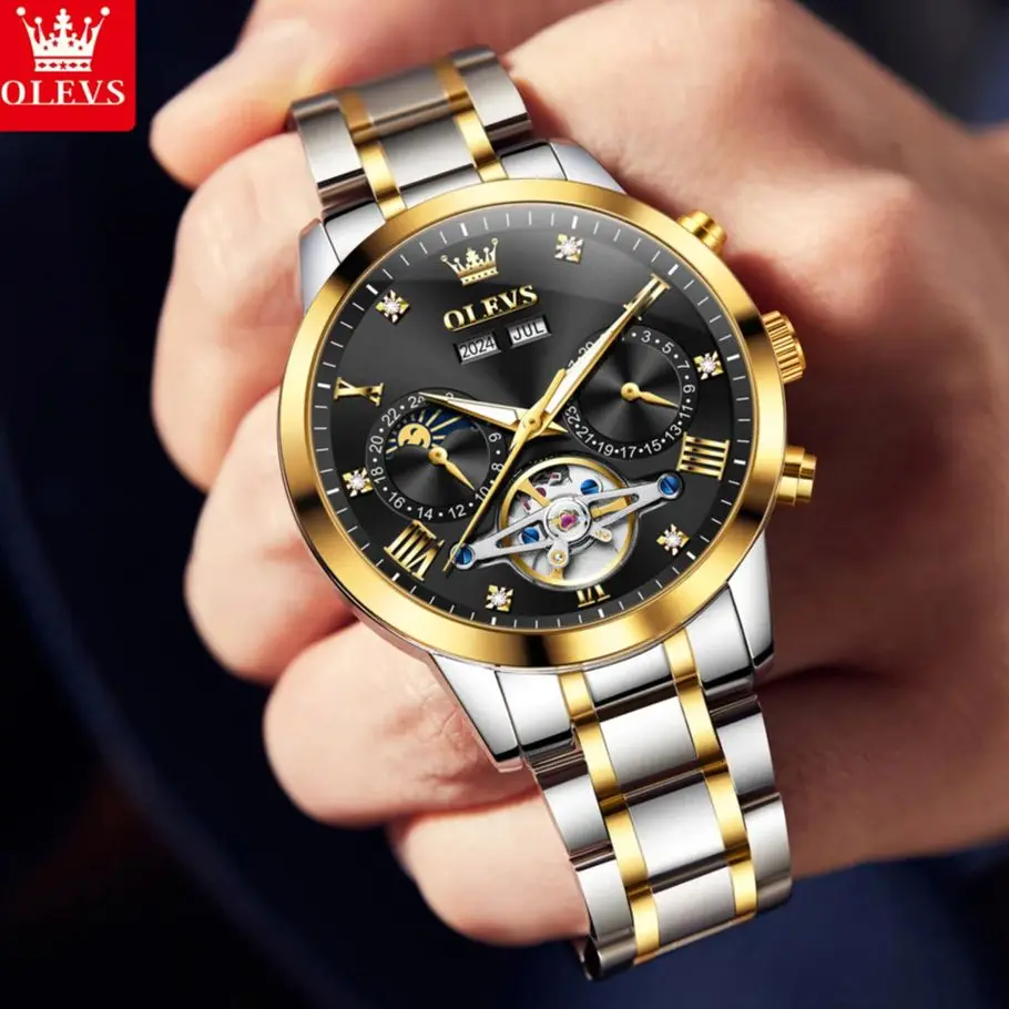 OLEVS 7029 Men Automatic Mechanical Watches Luxury Original Skeleton Men's Wristwatches Business Top Brand Moon Watch For man