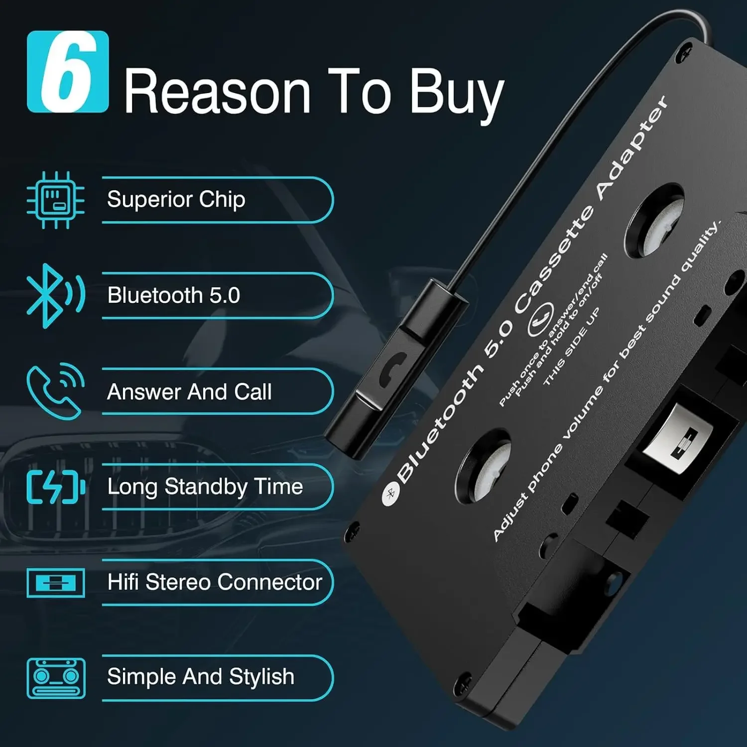 Car Cassette Audio Aux Adapter Bluetooth 5.0 Cassette for Listening to Mobile Music and Car Voice Hands-Free Calling