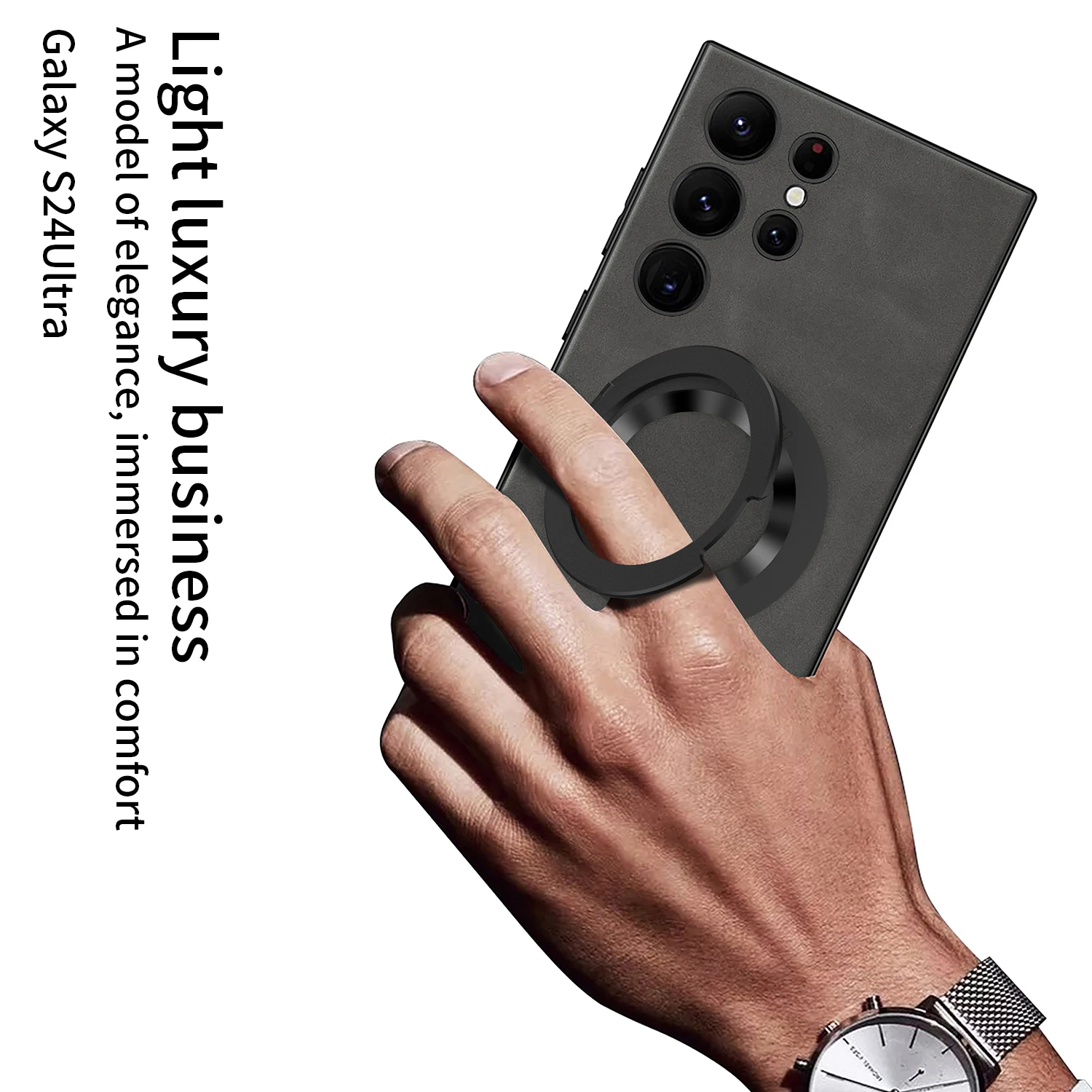 For Samsung Galaxy S24 S23 Ultra Plus Magsafe Case Plain Leather Magnetic Wireless Charging Rotating Bracket Shockproof Cover