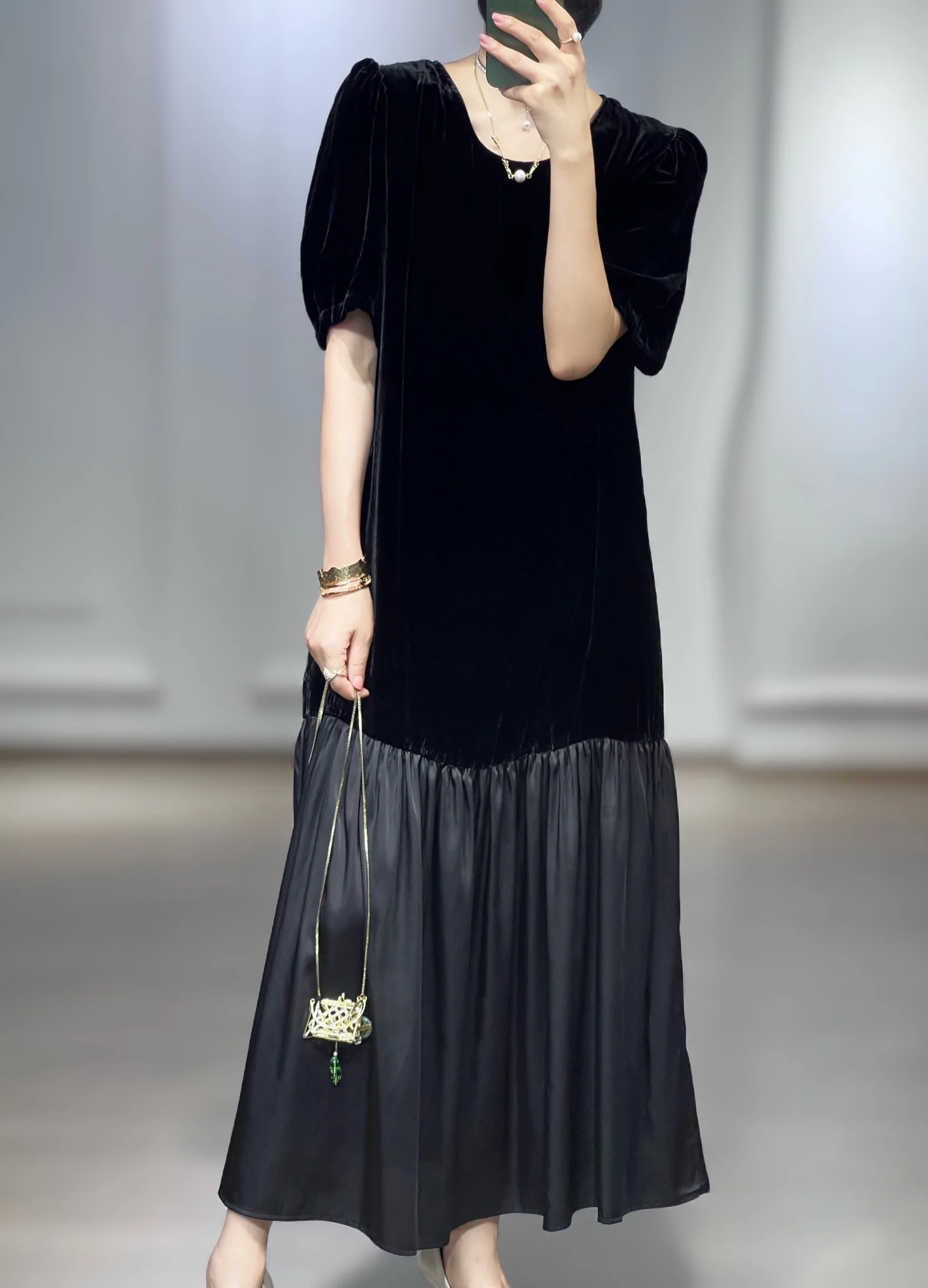 

2023 Spring/Summer Fashion New Women's Clothing Silk Velvet Stitching Dress 0814