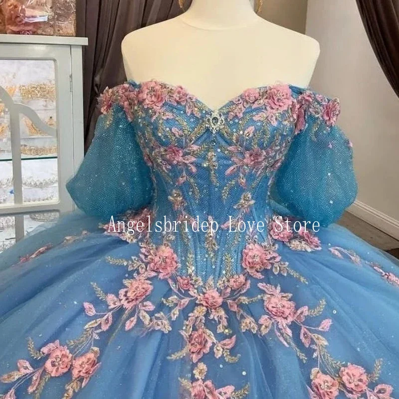 

Блестящее Голубое Бальное Платье Angelsbridep, 15-летние платья для Quinceanera с розовым 3D цветочным бантом и открытыми плечами, роскошные женские платья