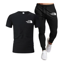 Summer 2024 Men Tops 100% Fashion Cotton Short Sleeve Long Sweatpants Streetwear 2 Piece Sets Men Clothing