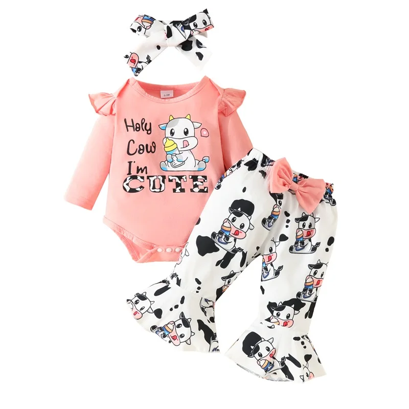 

Baby Girls Fall Outfit Long Sleeve Letters Print Romper with Cow Print Flare Pants and Headband Clothing Set