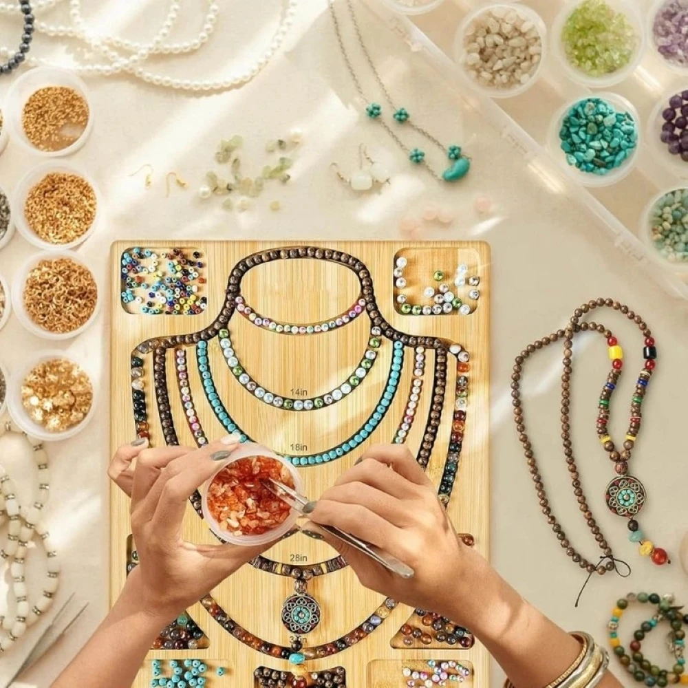 Beaded Board Necklace Measure Plate Bamboo Beading Tray Jewelry Design Crafting Tool for DIY Bracelet Necklaces Making WorkBench