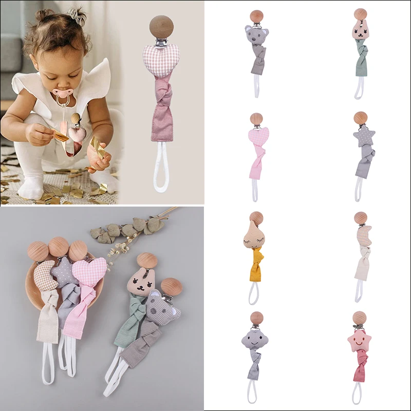 Baby Pacifier Clip Newborn Linen Cotton Animal Wooden Pacifier Chain