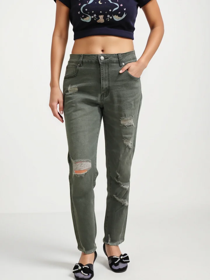 Women's Olive Green Distressed Boyfriend Jeans