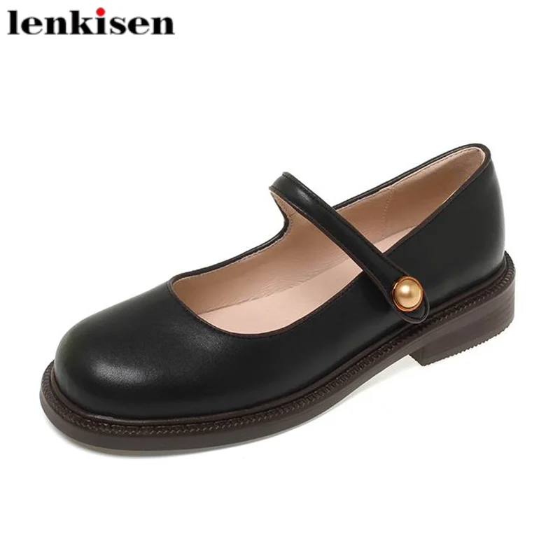 

Lenkisen Cow Split Leather Round Toe Med Heels Mary Janes Comfortable Lolita Sweet Fairy Pearl Shallow Buckle Strap Maiden Pumps
