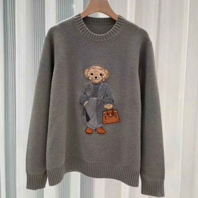 thumbnail image 1 of Nuevo jersey de otoño/invierno Ralph para mujer, suéter de cuello redondo con bordado de oso, elegante, informal, de punto suelto, chaqueta de suéter para mujer Lauren, 1 of 4