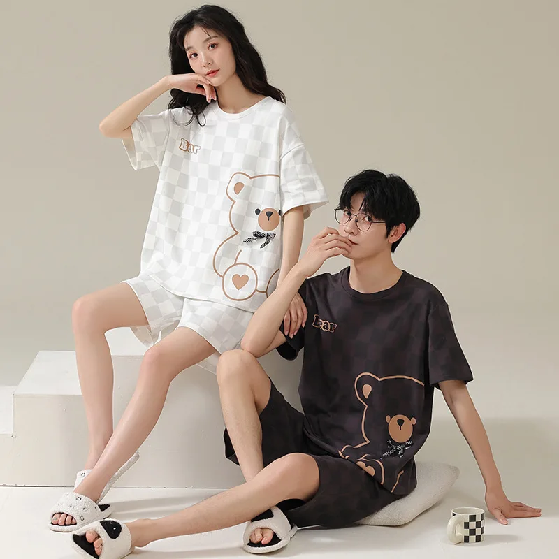 Summer Cotton Sleepwear For Couples Cotton Bear Cute Nightwear For Youth Boy Girl Pajamas Shorts Set Women Men Matching Homewear summer couple pajamas set simple fashion blue plus size sleepwear for male short sleeve homewear cute lace bows women nightwear