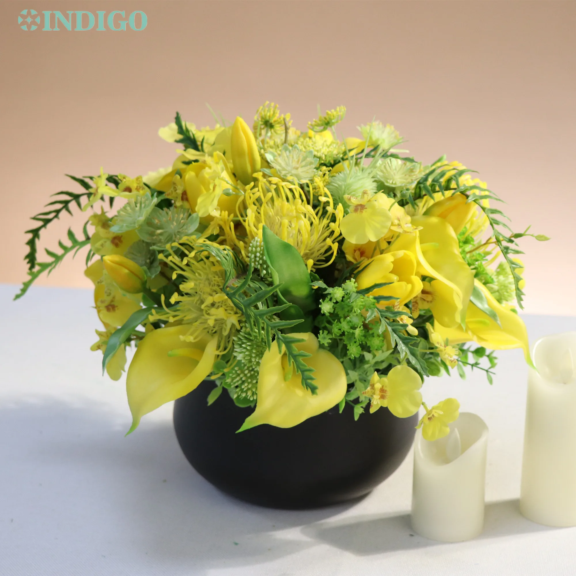 

INDIGO-Silicone Tulip Customized Table Flower Arrangment, Yellow Calla Lily, Easter Centerpiece, Bonsai with Metal Pot, 1 Set