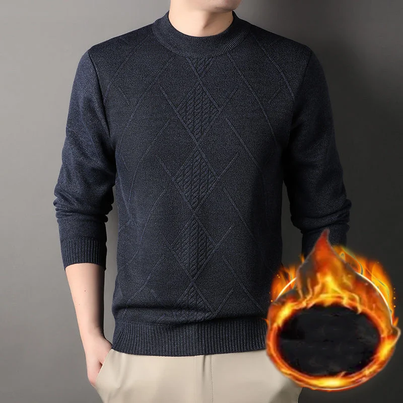 Autumn Winter Men Fleece Thicken Warm Long Sleeve Sweater Fashion Business Casual Versatile Loose Bottoming Knit Pullovers Top