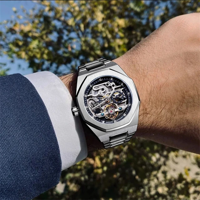 Men's Luxury Automatic Mechanical Watch, Unique and Stylish Hexagonal Frame Design, Stainless Steel Strap, Perfect Gift for Him, Luxury Men's Watch | Fashionable Wrist | Transparent Dial, No Batteries Required