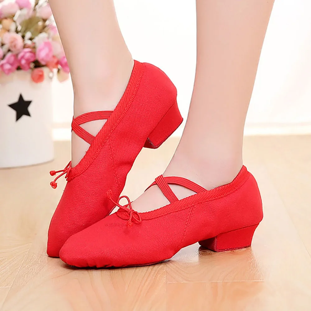 USHINE Low-heeled Canvas Teacher Practice Soft Ballroom Dance Shoes Salsa Tango Ballet Dance Shoes Children Girls Women 3