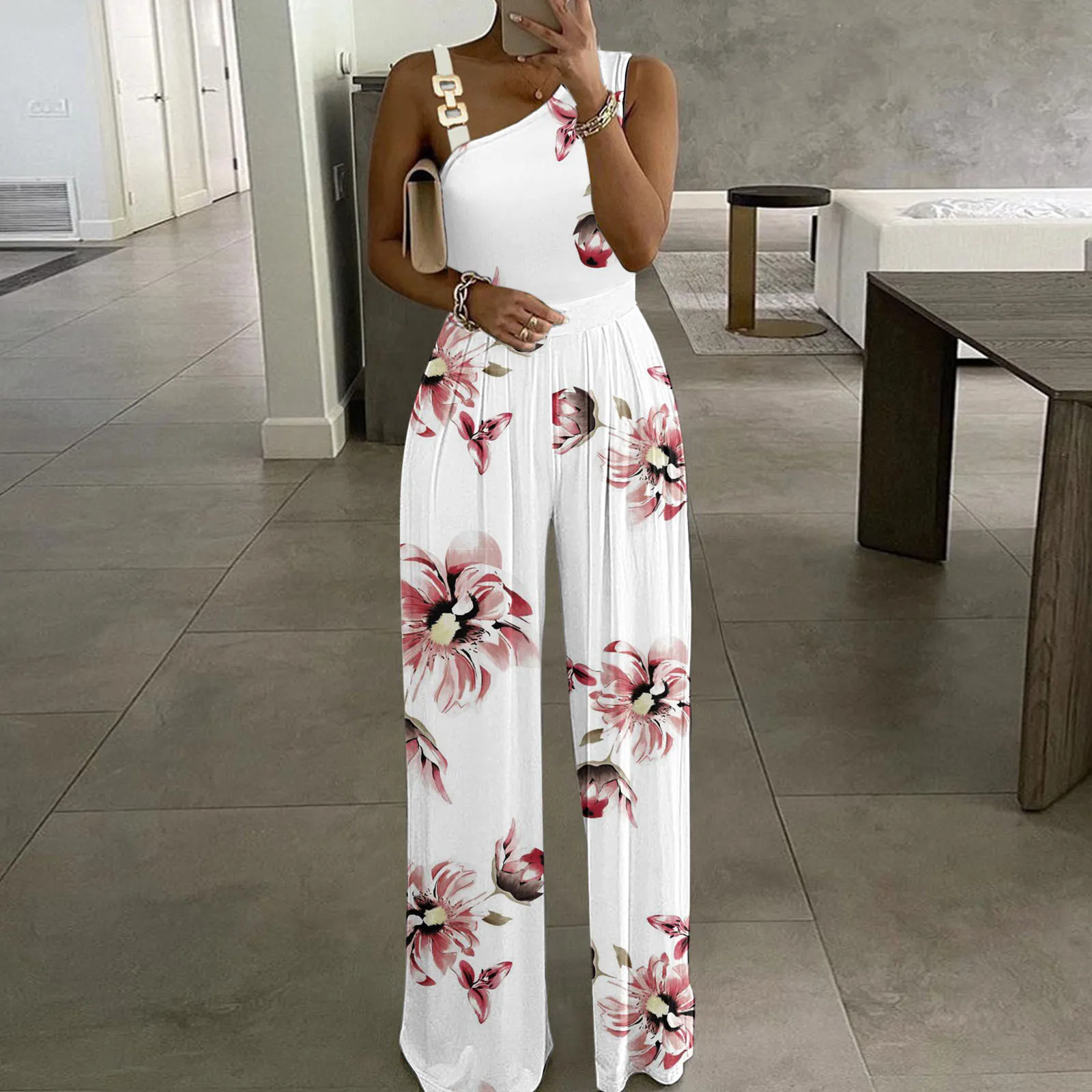 Women's Floral Jumpsuit Casual Off Shoulder Ruffle Mid Sleeve Tie Waist  Wide Leg Overalls Rompers with Pockets
