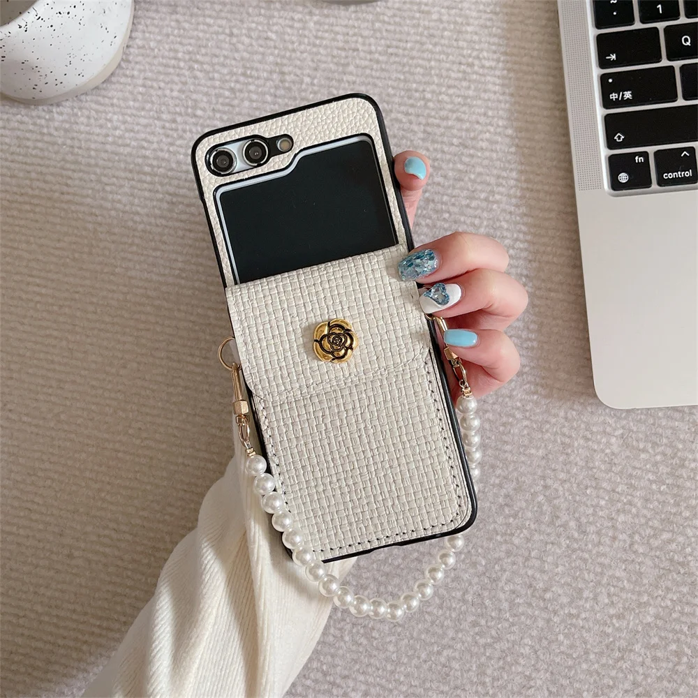 Luxury Woven Texture PU Leather Card Holder Wrist Strap Phone Case