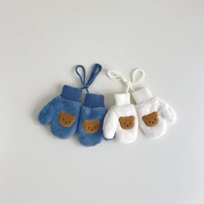 Korean Kids Gloves Winter Cartoon Bear Boys Girls Mittens Halterneck Plush Baby Wholesale
