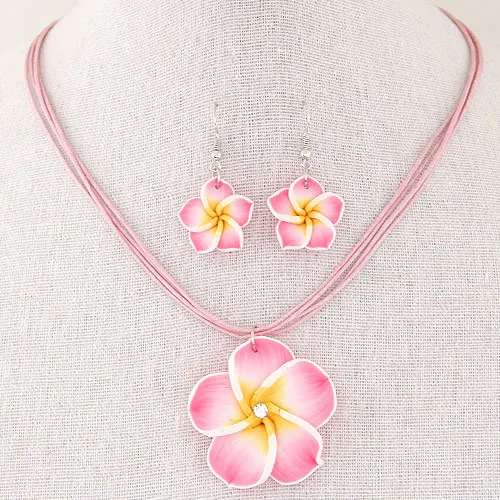 Women's sweet Plumeria Flowers Jewelry Sets Polymer Clay Fimo Earrings Pendant Necklace 5