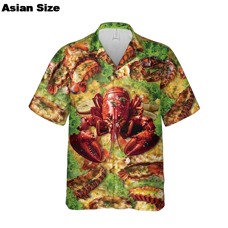 Funny Steamed Lobster Graphic Shirts For Men Clothes Summer Hawaiian Beach Shirt Delicious Seafood Button Down Shirt Man