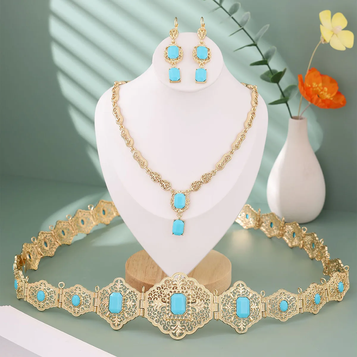 Gold Color Crystal Morocco Bride Jewelry Sets For Women Caftan Belt Waist  Chain Charm Choker Necklace Square Earrings - AliExpress, image size:1200x1200