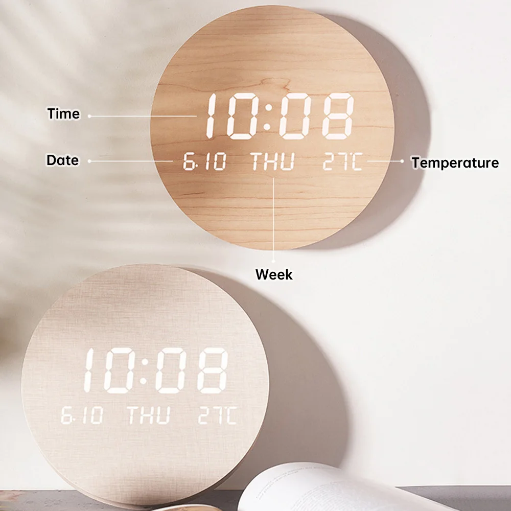 Digital Wall Clock LED Temperature Date Time Multi-function Display Wood Silent Alarm For Bedroom LivingRoom Hanging