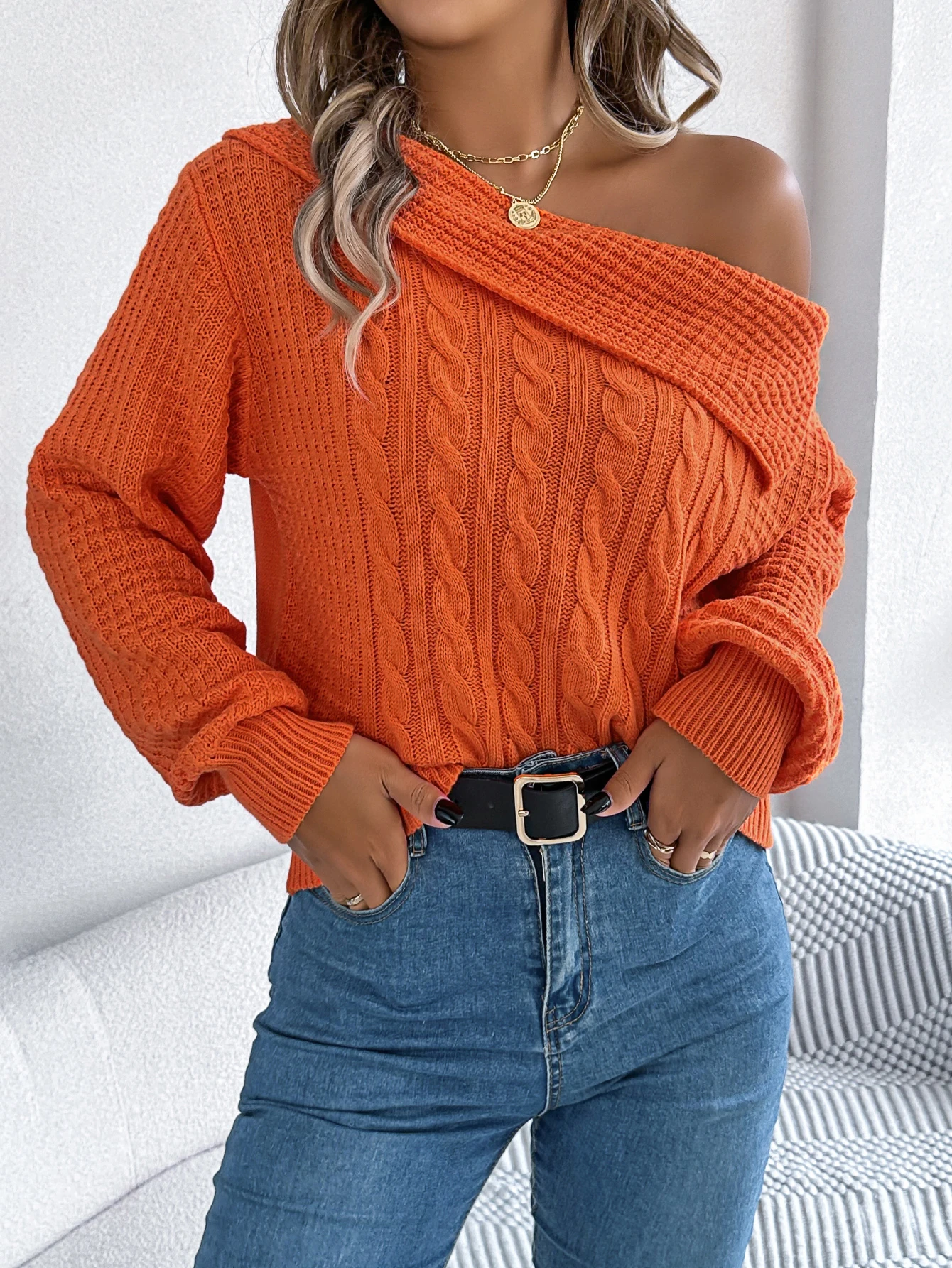 Women Autumn Winter Orange Knitted Sweater