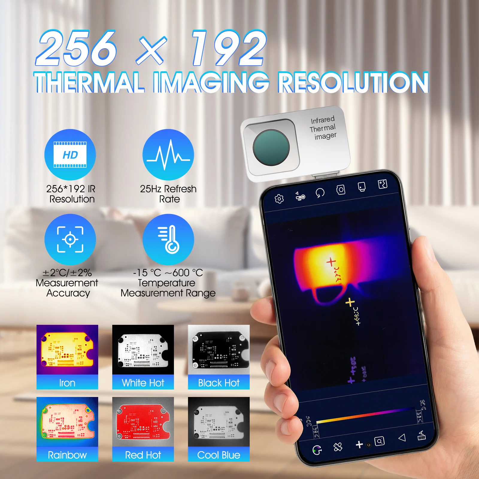 Écran de mesure montrant une température élevée avec l'alarme de surchauffe activée sur la caméra thermique