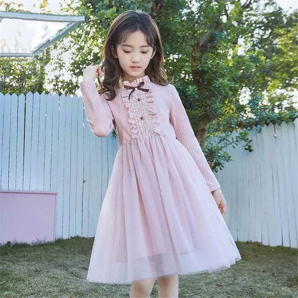 

Spring&Autumn Cotton GIrl Dress 2022 NewPattern Korean Version Lace Bow Design Xiao Xiang Feng Children'S Princess Skirt