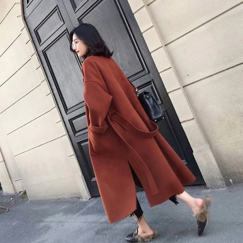 Autumn Winter Warm Blends Coats Women Double Sided Thickened Tweed Coat Solid Colors Sashes Knee-Length Outwears Chic Streetwear