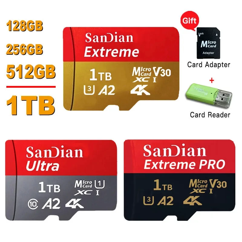 

sandian Extreme Pro Flash 128GB Card Micro memory Card SDXC UHS-I 256GB 64GB U3 V30 TF Card Memory Card Adapter for Camera