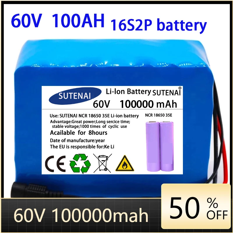 

60V 16S2P 100Ah 18650 Li-ion Battery Pack 67.2V Lithium Ion 101000mAh Ebike Electric bicycle Scooter with 30A BMS 750W 1000Watt