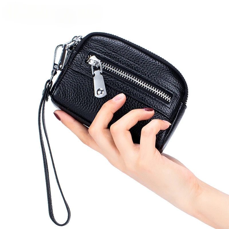 Genuine Leather Women's Wristlet Clutch Large Capacity Coin Purse with Double Zipper Multi Functional Handbag