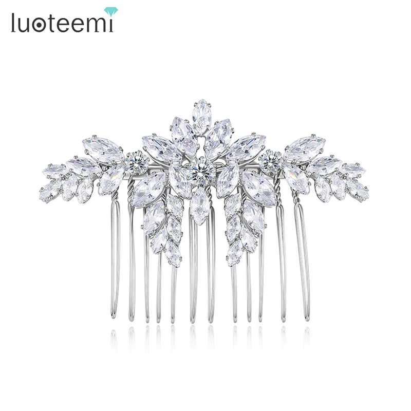 LUOTEEMI Retro Cubic Zirconia Creative Hair Combs Flower Shape Iced Clear CZ Pageant Jewelry for Bridal Wedding Engagement Gifts