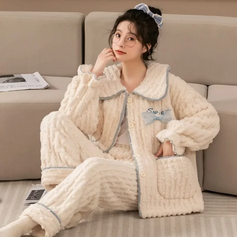2024 New High-end Winter Pajamas Women Thick Flannel Sleepwear Student Cute Homewear Warm Plush Coral Velvet Loungewear Set
